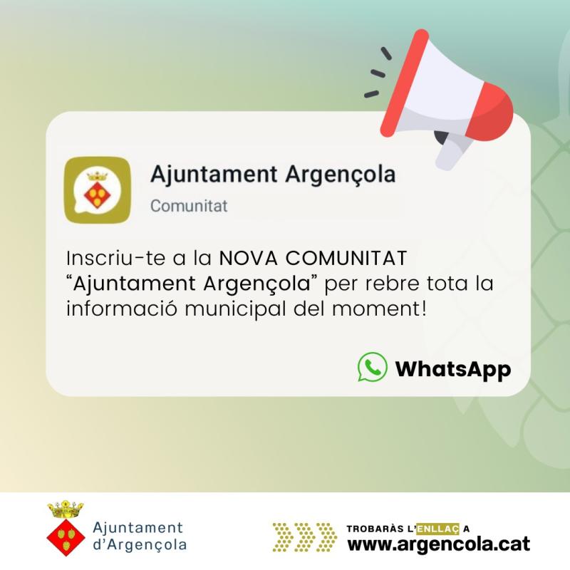 Nova comunitat d’avisos municipals a través de WhatsApp: Ajuntament Argençola