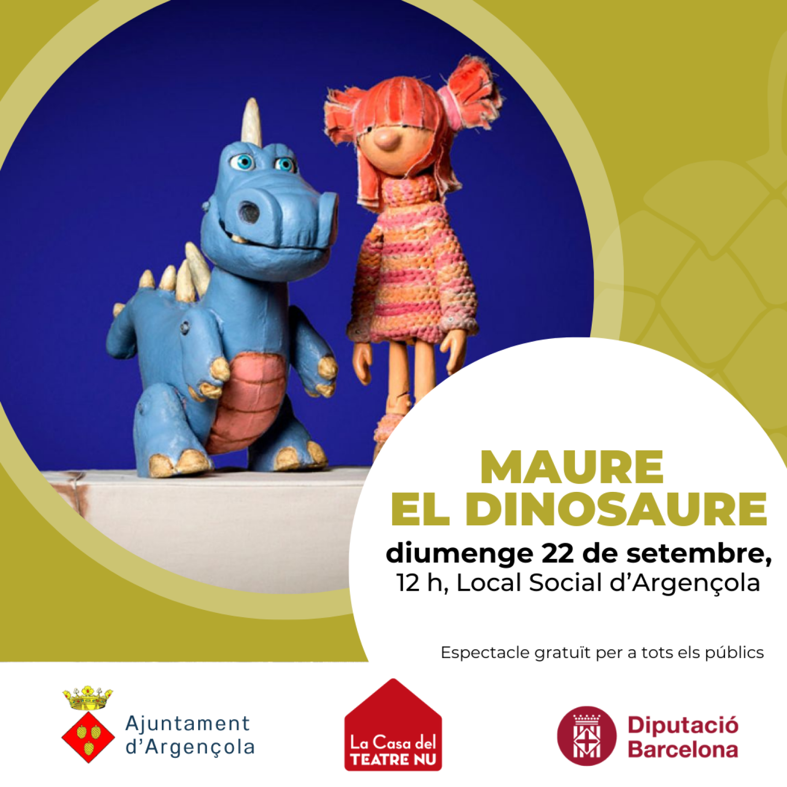 “Teatre familiar a Argençola” aquest diumenge 22 de setembre amb “Maure el dinosaure” 